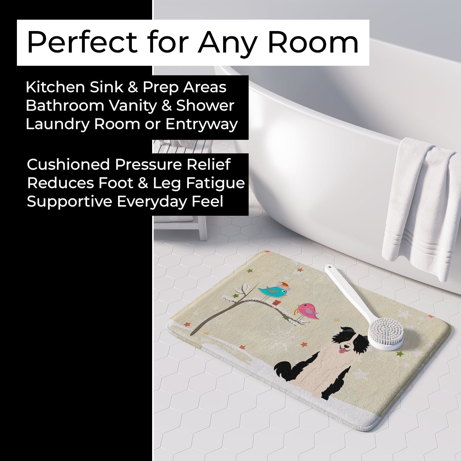 Christmas Presents between Friends Border Collie - Black and White Memory Foam Kitchen Mat Machine Washable Anti-Fatigue Cushion Comfort Bath or Kitchen Rug