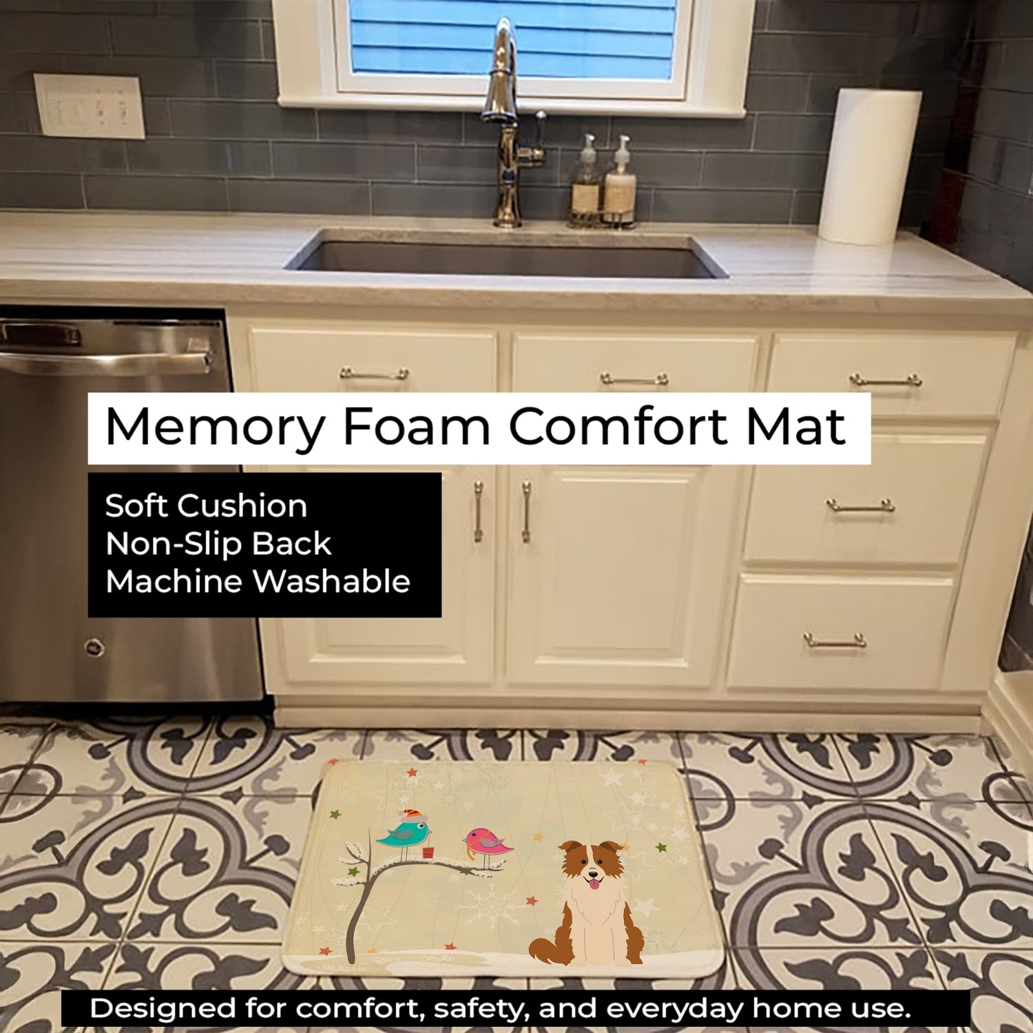 Christmas Presents between Friends Border Collie - Red and White Memory Foam Kitchen Mat Machine Washable Anti-Fatigue Cushion Comfort Bath or Kitchen Rug