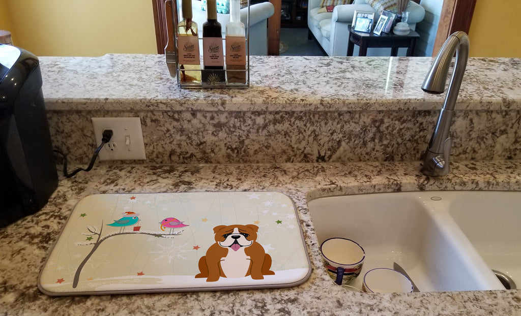 Christmas Presents between Friends English Bulldog - Red and White Dish Drying Mat Absorbent Dish Drying Mat Pad for Kitchen Counter Dish Drainer Mat for Countertop, 14 x 21", Multicolor