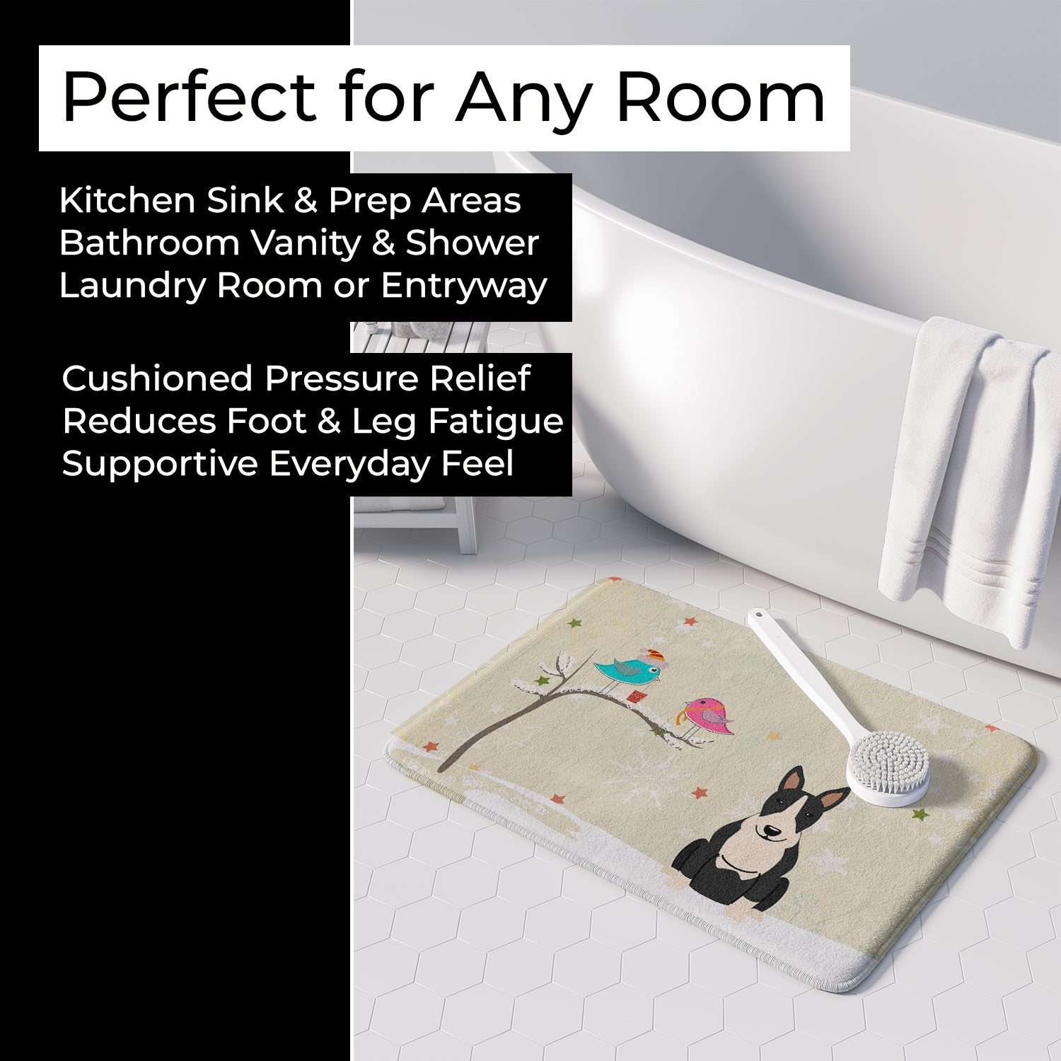 Christmas Presents between Friends Bull Terrier - Black and White Memory Foam Kitchen Mat Machine Washable Anti-Fatigue Cushion Comfort Bath or Kitchen Rug