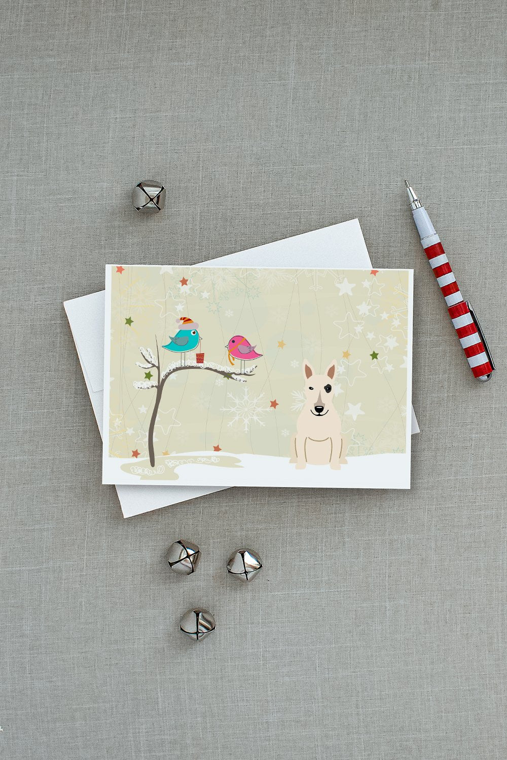 Christmas Presents between Friends Bull Terrier - White Greeting Cards Pack of 8 Blank Cards with Envelopes Whimsical A7 Size 5x7
