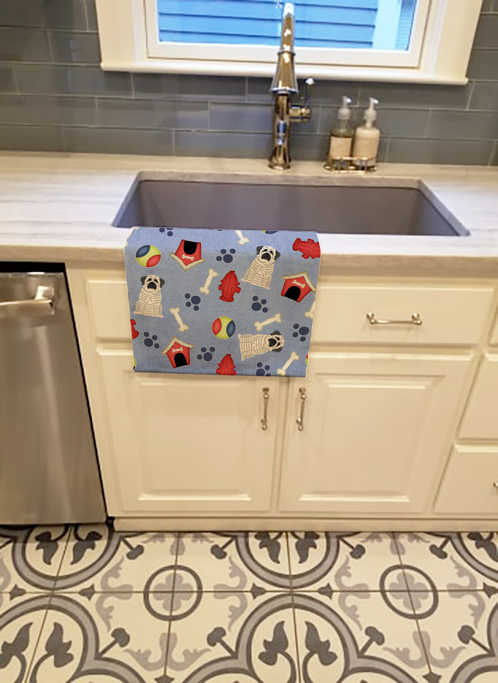 Dog House Collection Mastiff Brindle White Kitchen Towel Velour Plush Front and Cotton Loop Back Machine Washable