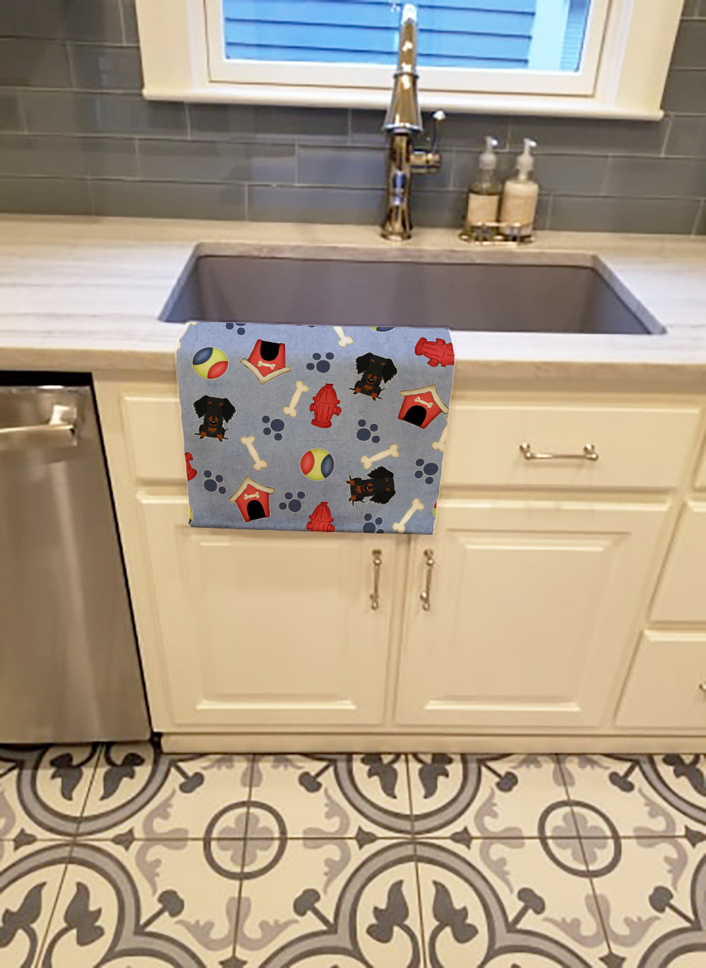 Dog House Collection Wire Haired Dachshund Black Tan Kitchen Towel Velour Plush Front and Cotton Loop Back Machine Washable