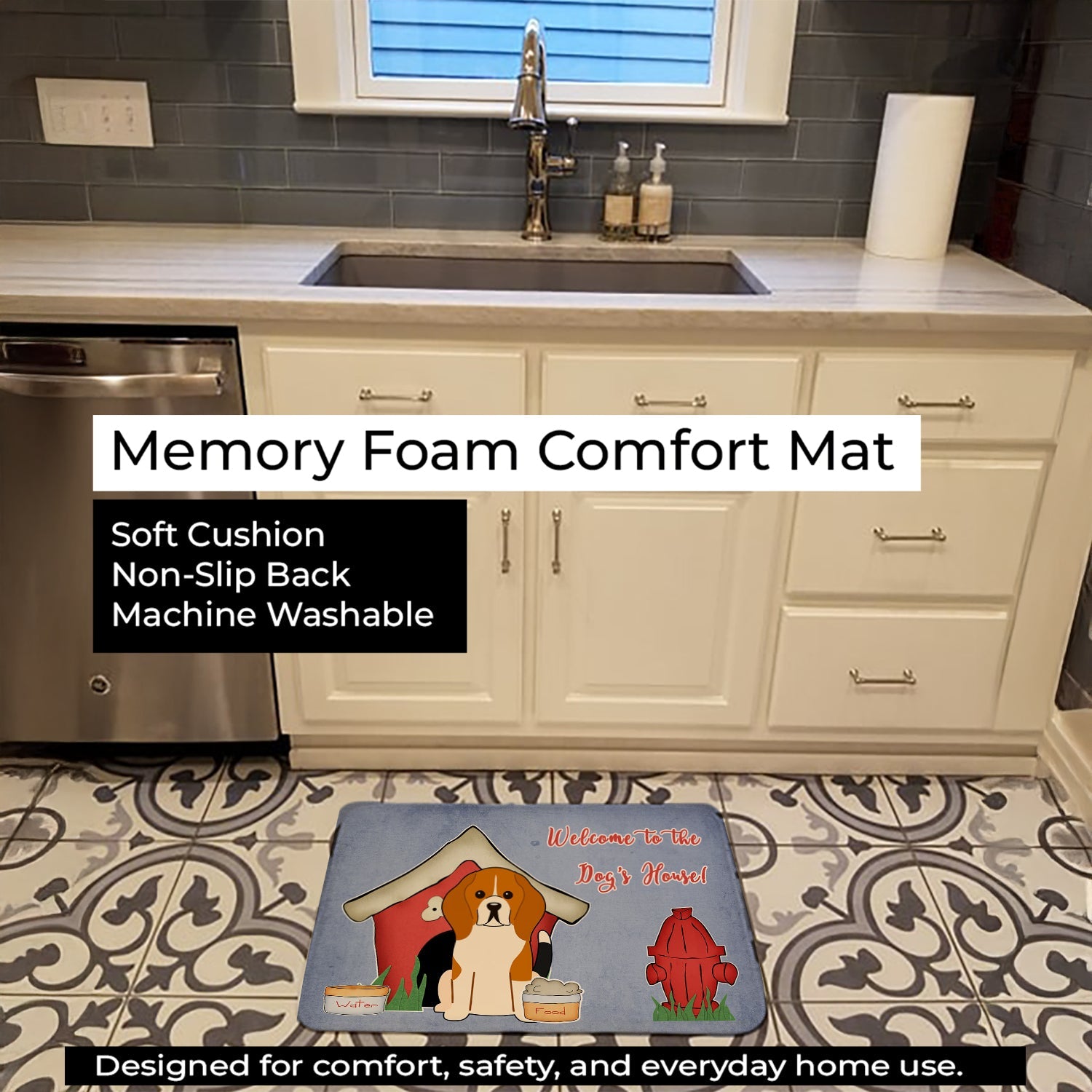 Dog House Collection Beagle Tricolor Memory Foam Kitchen Mat Machine Washable Anti-Fatigue Cushion Comfort Bath or Kitchen Rug