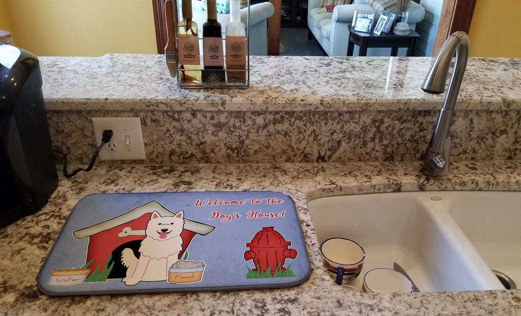 Dog House Collection White German Shepherd Dish Drying Mat Absorbent Dish Drying Mat Pad for Kitchen Counter Dish Drainer Mat for Countertop, 14 x 21", Multicolor