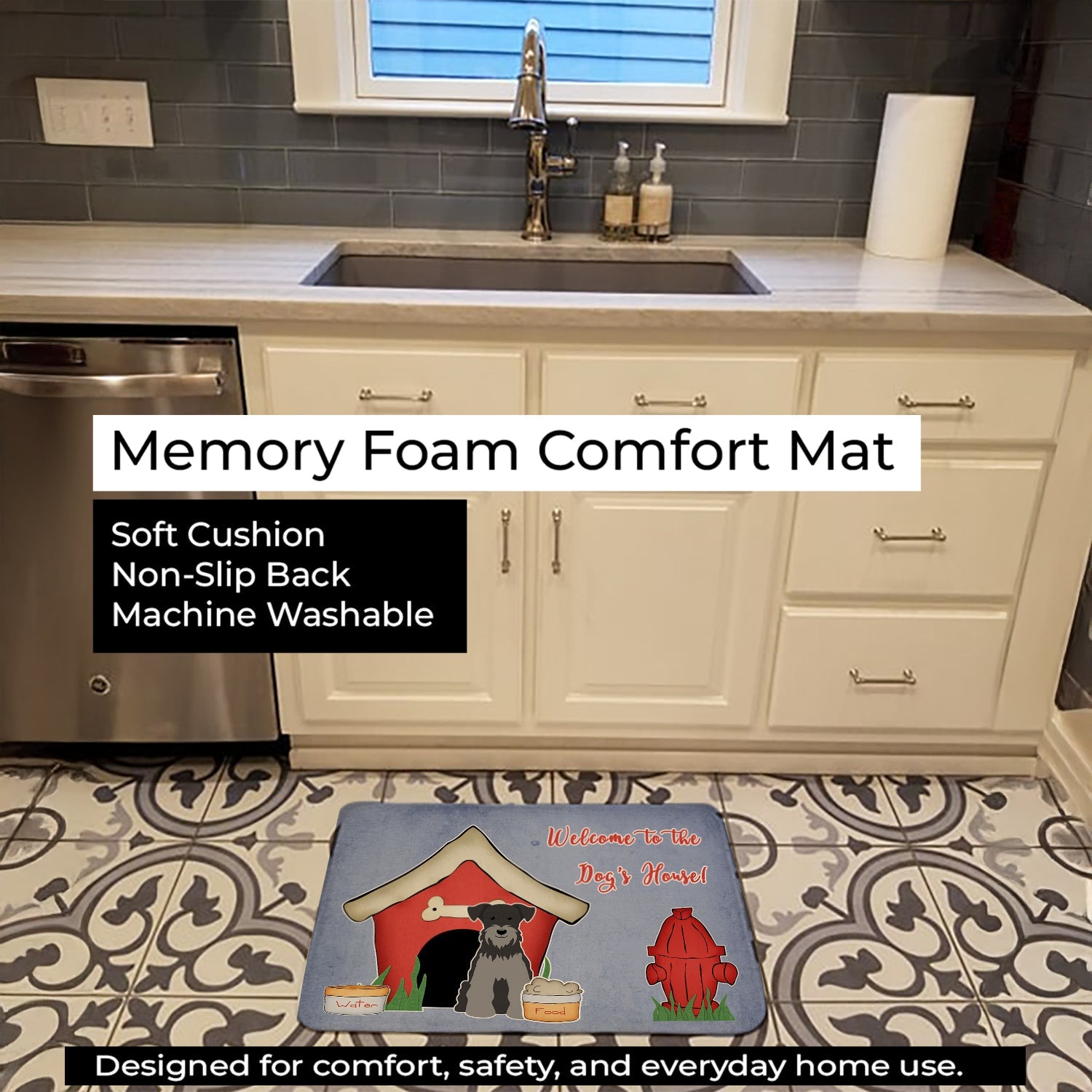 Dog House Collection Miniature Schnauzer Black Silver Memory Foam Kitchen Mat Machine Washable Anti-Fatigue Cushion Comfort Bath or Kitchen Rug