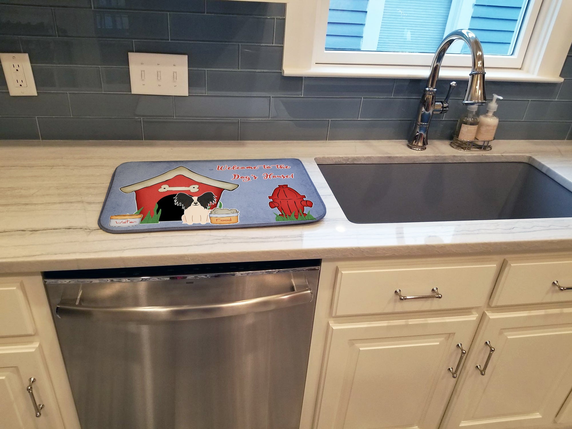 Dog House Collection Papillon Black White Dish Drying Mat Absorbent Dish Drying Mat Pad for Kitchen Counter Dish Drainer Mat for Countertop, 14 x 21", Multicolor