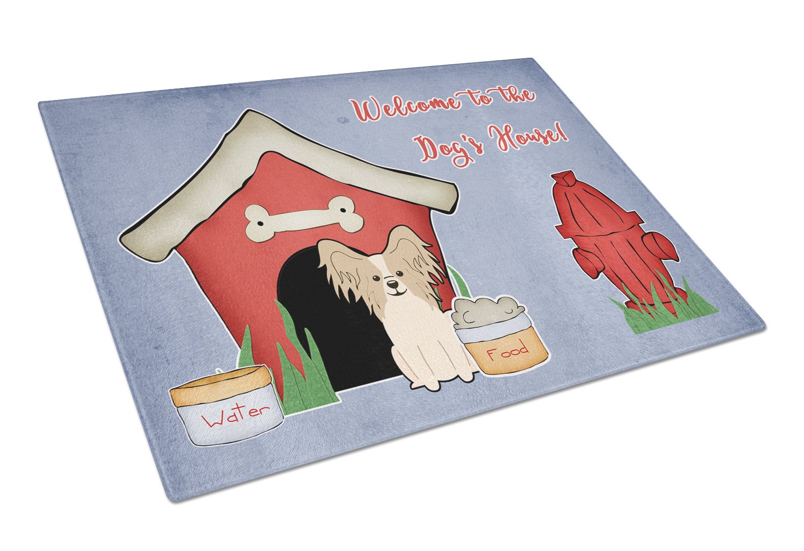 Dog House Collection Papillon Sable White Cutting Board Tempered Glass Kitchen Cutting Surface, Heat Resistant Chopping, Non-Slip Feet, Food Prep & Serving