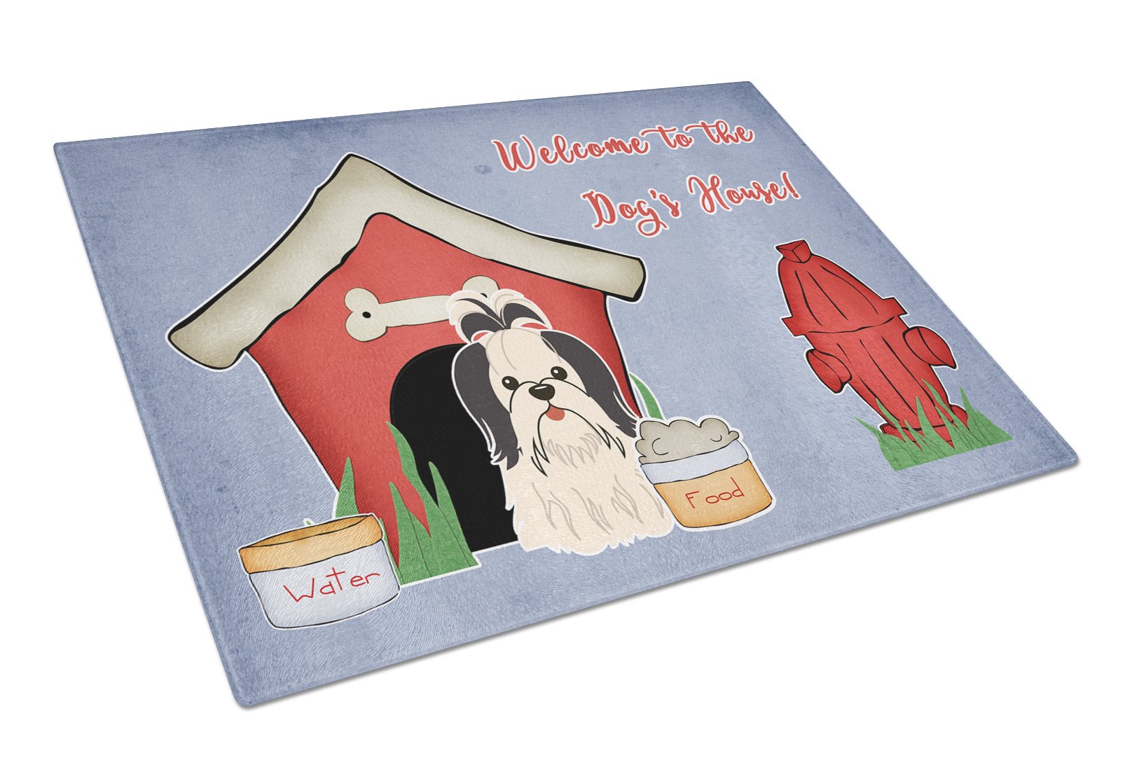 Dog House Collection Shih Tzu Black White Cutting Board Tempered Glass Kitchen Cutting Surface, Heat Resistant Chopping, Non-Slip Feet, Food Prep & Serving