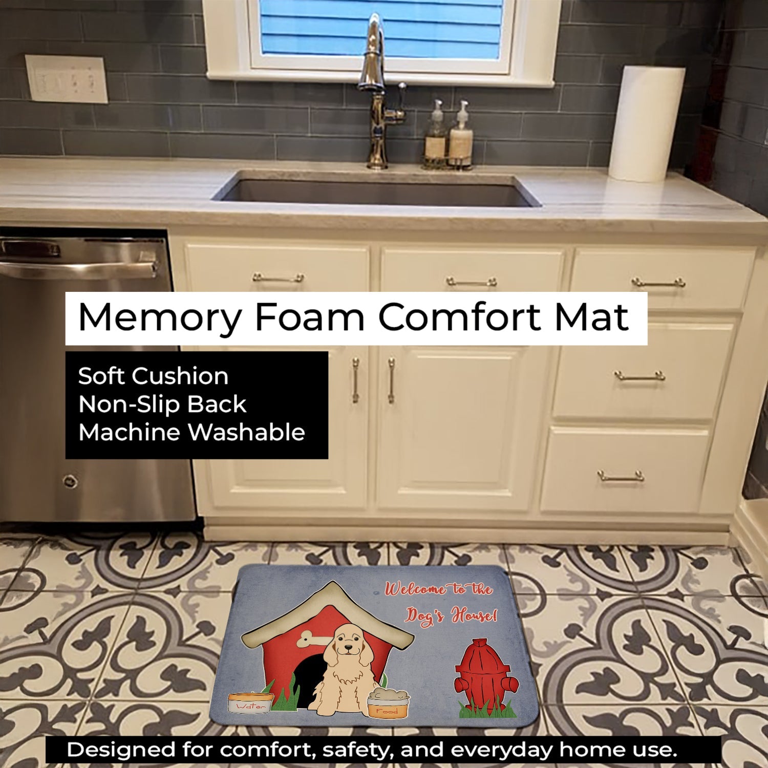 Dog House Collection Cocker Spaniel Buff Memory Foam Kitchen Mat Machine Washable Anti-Fatigue Cushion Comfort Bath or Kitchen Rug