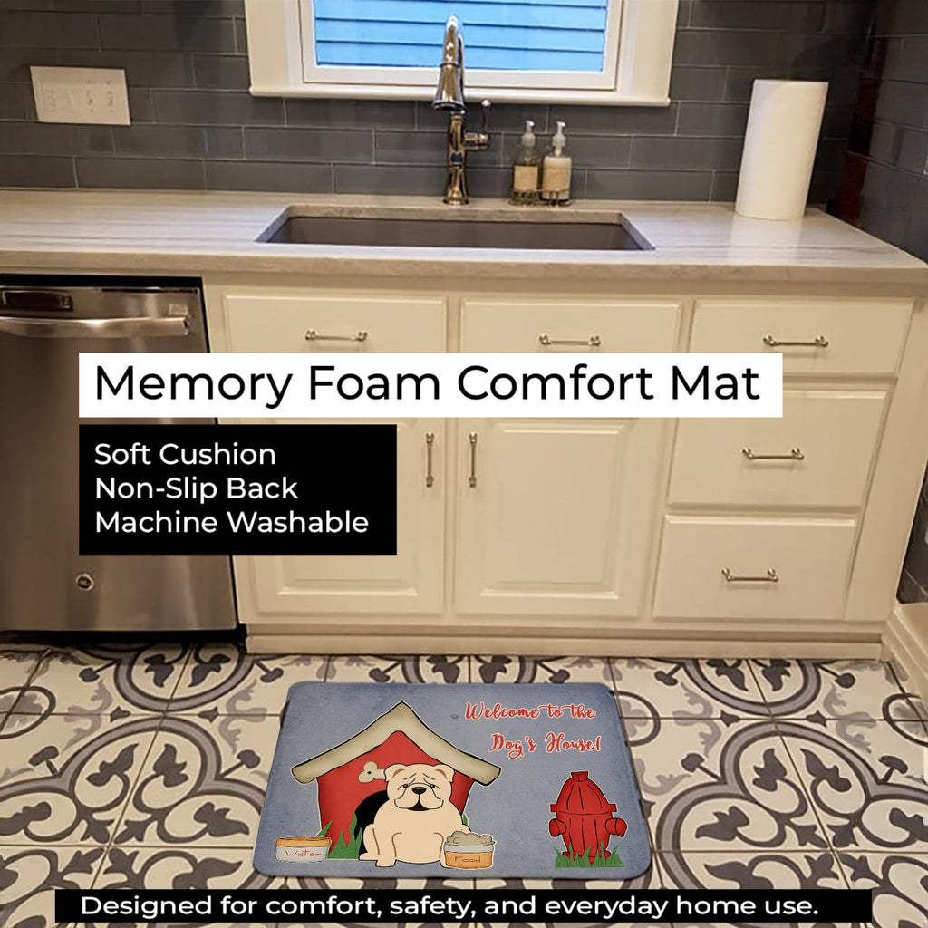 Dog House Collection English Bulldog White Memory Foam Kitchen Mat Machine Washable Anti-Fatigue Cushion Comfort Bath or Kitchen Rug