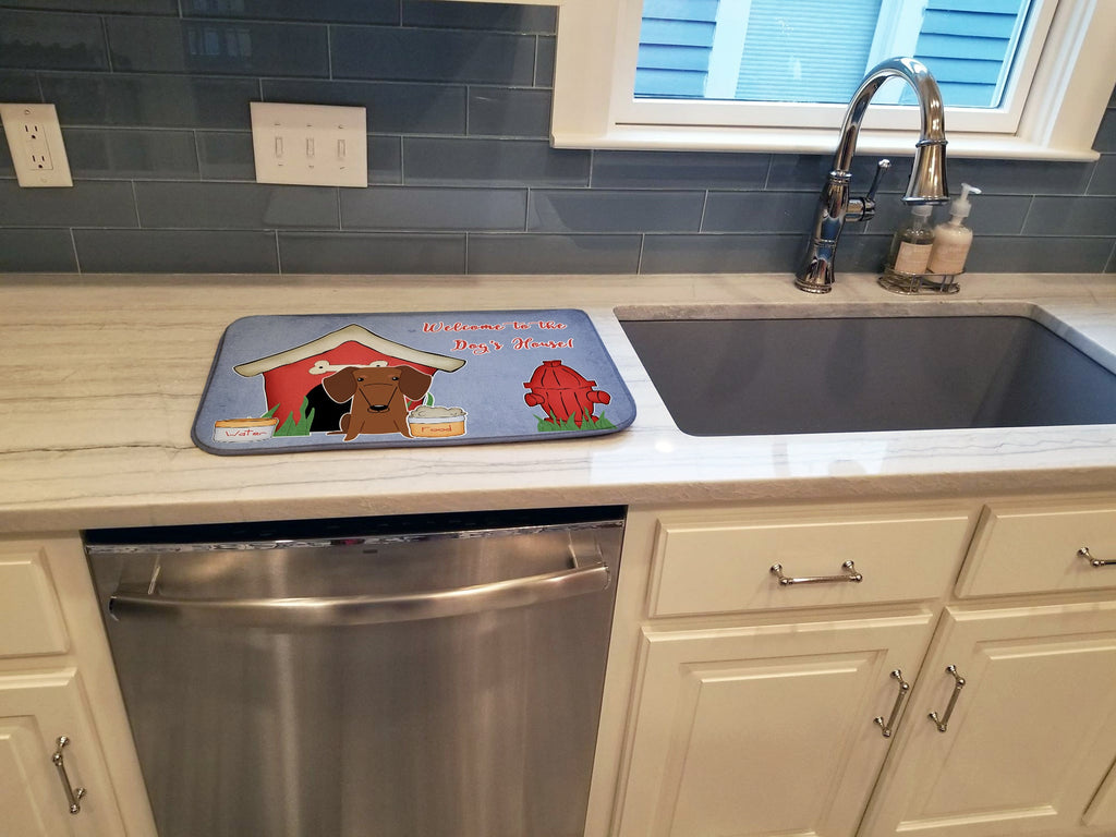 Dog House Collection Dachshund Red Brown Dish Drying Mat Absorbent Dish Drying Mat Pad for Kitchen Counter Dish Drainer Mat for Countertop, 14 x 21", Multicolor