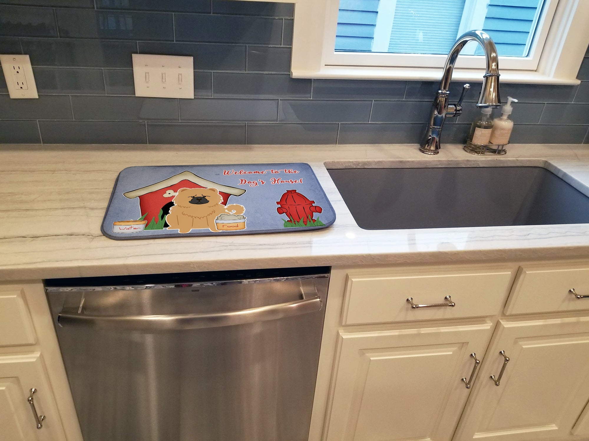 Dog House Collection Chow Chow Cream Dish Drying Mat Absorbent Dish Drying Mat Pad for Kitchen Counter Dish Drainer Mat for Countertop, 14 x 21", Multicolor