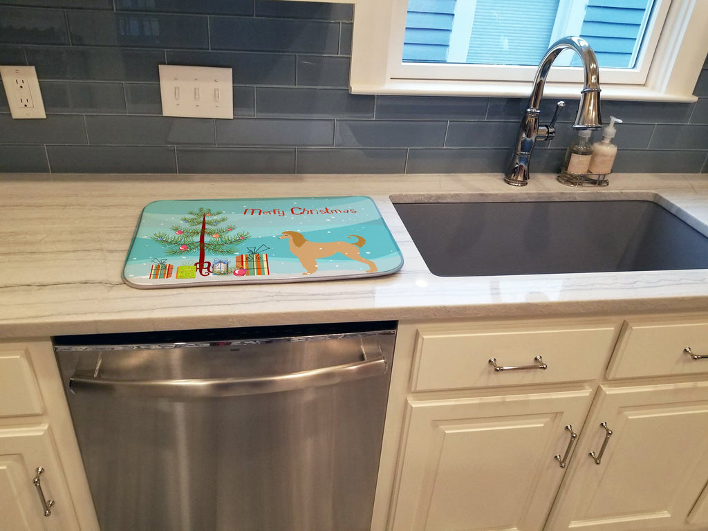 Afghan Hound Merry Christmas Tree Dish Drying Mat Absorbent Dish Drying Mat Pad for Kitchen Counter Dish Drainer Mat for Countertop, 14 x 21", Multicolor
