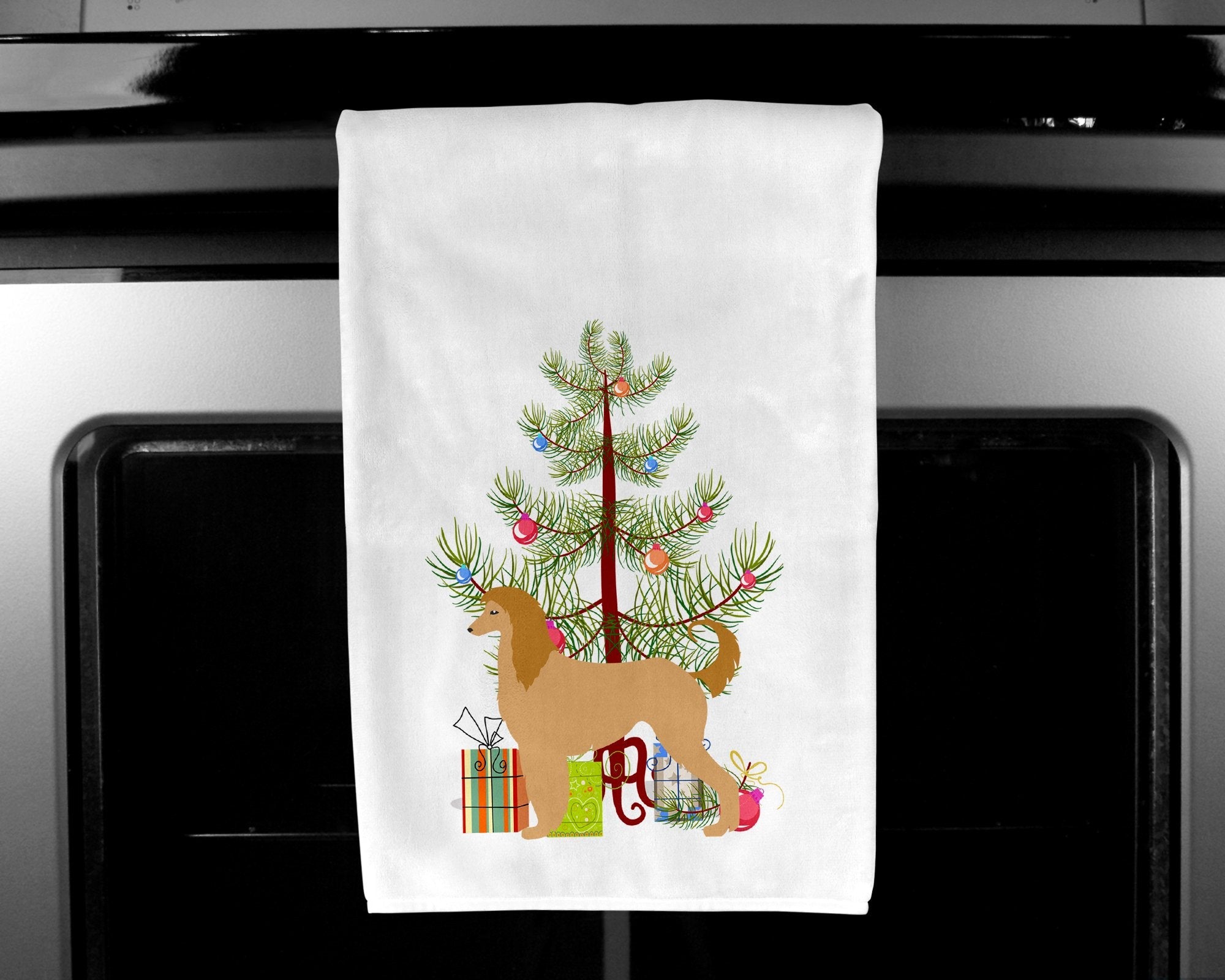 Afghan Hound Merry Christmas Tree Kitchen Towel Set of 2 White Dish Towels Decorative Bathroom Hand towel for Hand, Face, Hair, Yoga, Tea, Dishcloth, 19 X 28", White
