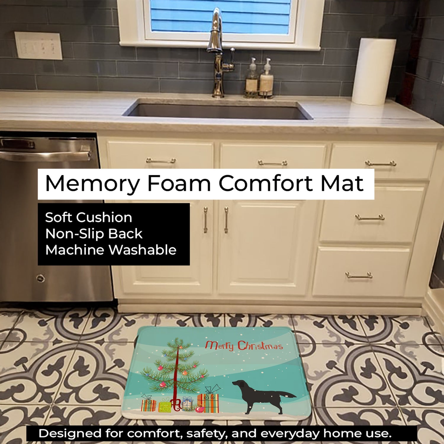 Black Labrador Retriever Merry Christmas Tree Memory Foam Kitchen Mat Machine Washable Anti-Fatigue Cushion Comfort Bath or Kitchen Rug