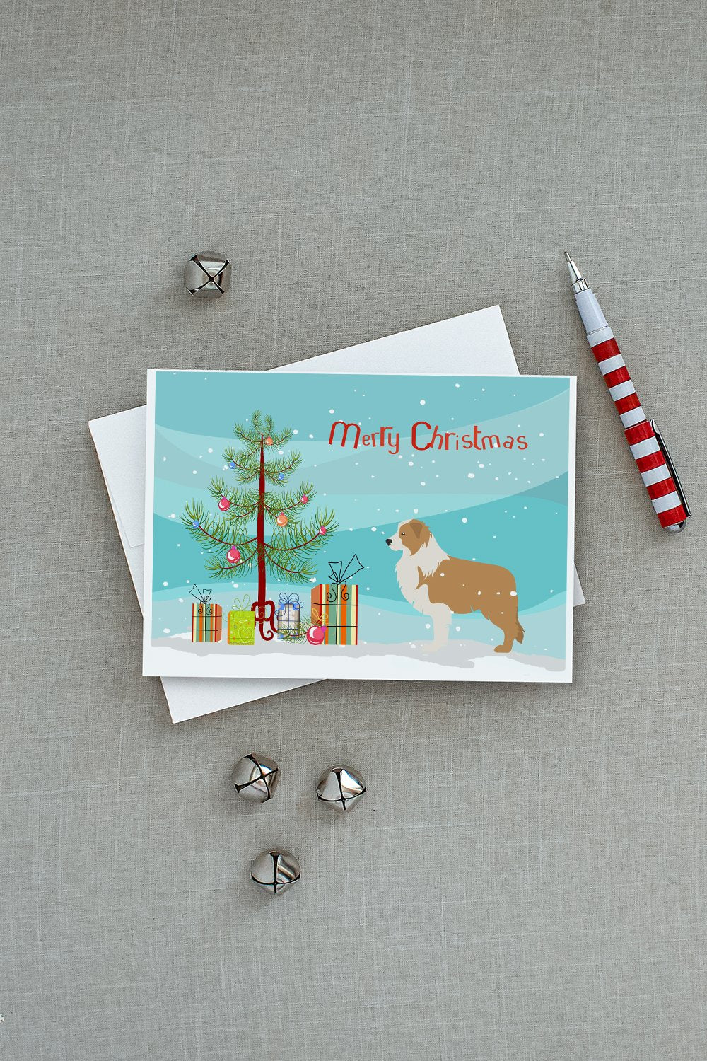 Red Border Collie Merry Christmas Tree Greeting Cards Pack of 8 Blank Cards with Envelopes Whimsical A7 Size 5x7