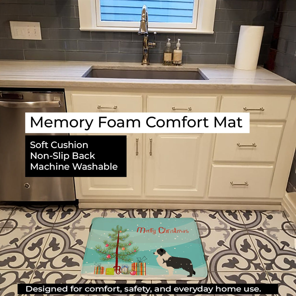 Black Border Collie Merry Christmas Tree Memory Foam Kitchen Mat Machine Washable Anti-Fatigue Cushion Comfort Bath or Kitchen Rug