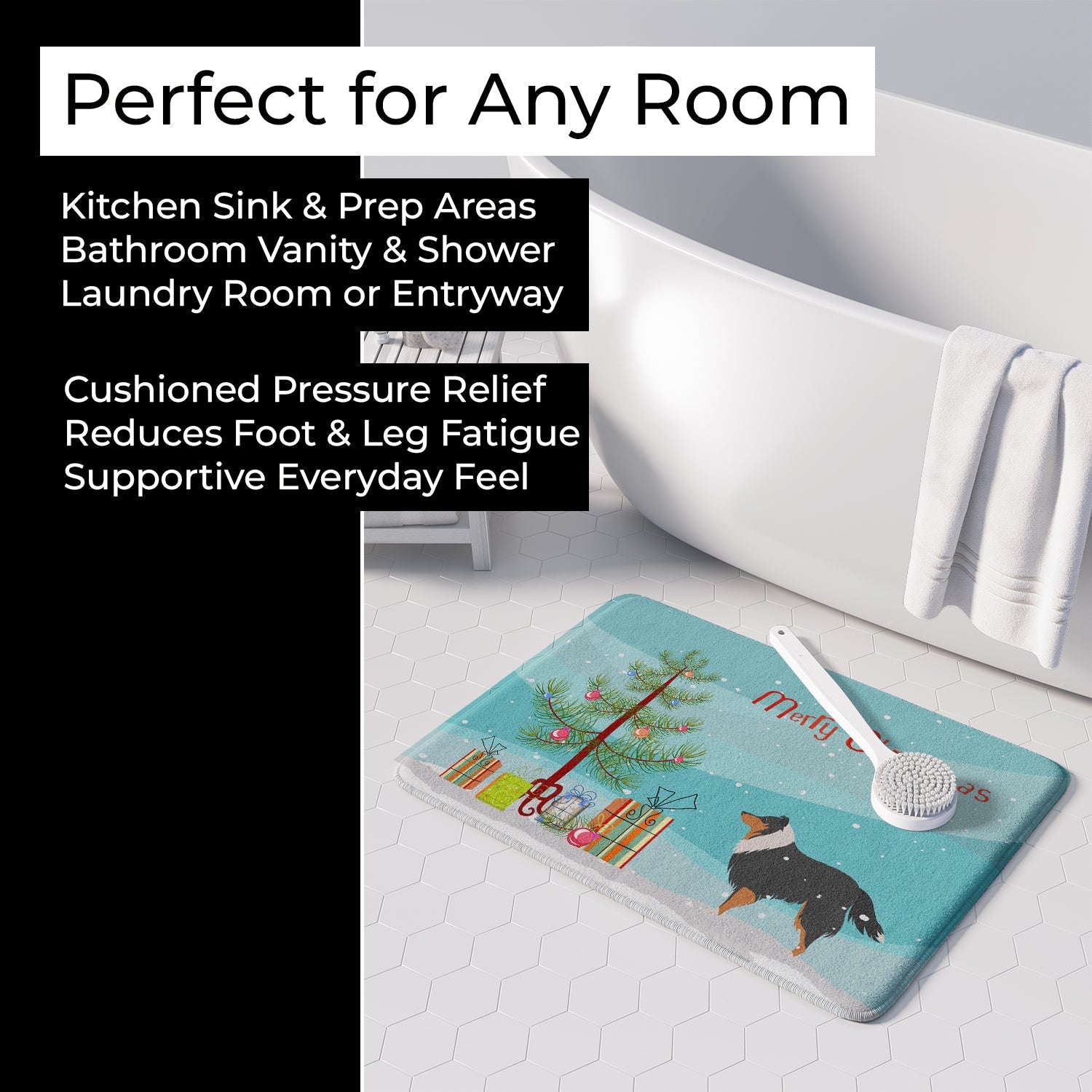 Sheltie/Shetland Sheepdog Merry Christmas Tree Memory Foam Kitchen Mat Machine Washable Anti-Fatigue Cushion Comfort Bath or Kitchen Rug