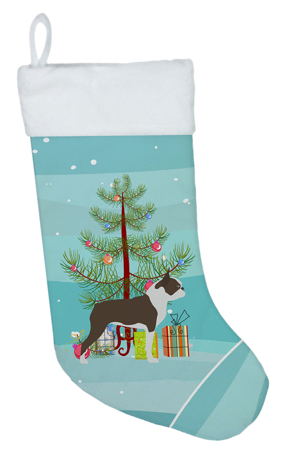 Boston Terrier Merry Christmas Tree Holiday Stocking Double-Sided Print, Polyester Suede,11x18, Made in USA