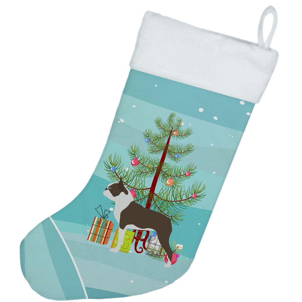 Boston Terrier Merry Christmas Tree Holiday Stocking Double-Sided Print, Polyester Suede,11x18, Made in USA