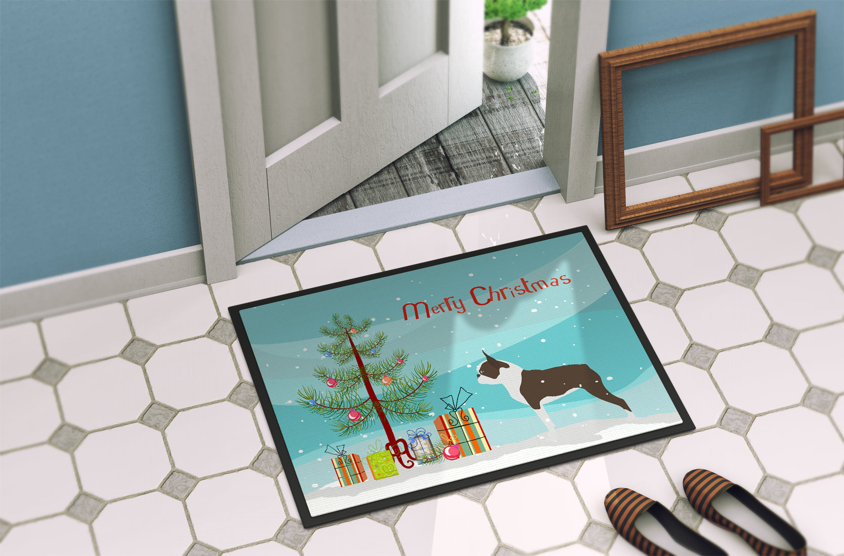 Boston Terrier Merry Christmas Tree Doormat Indoor Outdoor 18H X 27W Front Door Mat Rugs for Entryway, Non Slip Washable