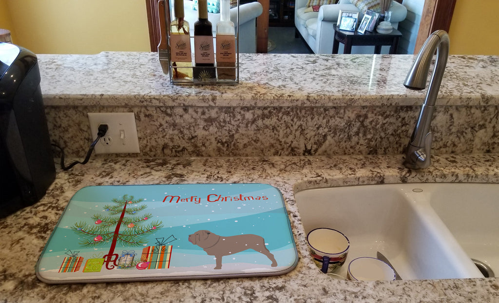 Neapolitan Mastiff Merry Christmas Tree Dish Drying Mat Absorbent Dish Drying Mat Pad for Kitchen Counter Dish Drainer Mat for Countertop, 14 x 21", Multicolor