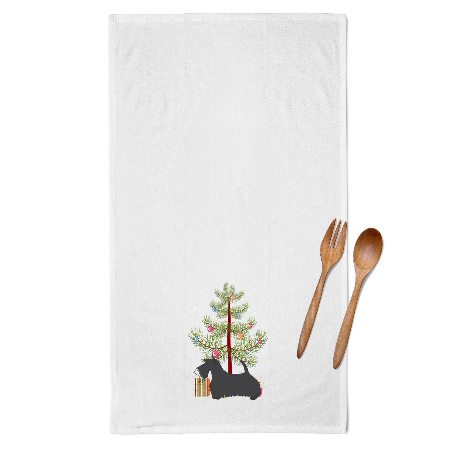Scottish Terrier Merry Christmas Tree Kitchen Towel Set of 2 White Dish Towels Decorative Bathroom Hand towel for Hand, Face, Hair, Yoga, Tea, Dishcloth, 19 X 28", White