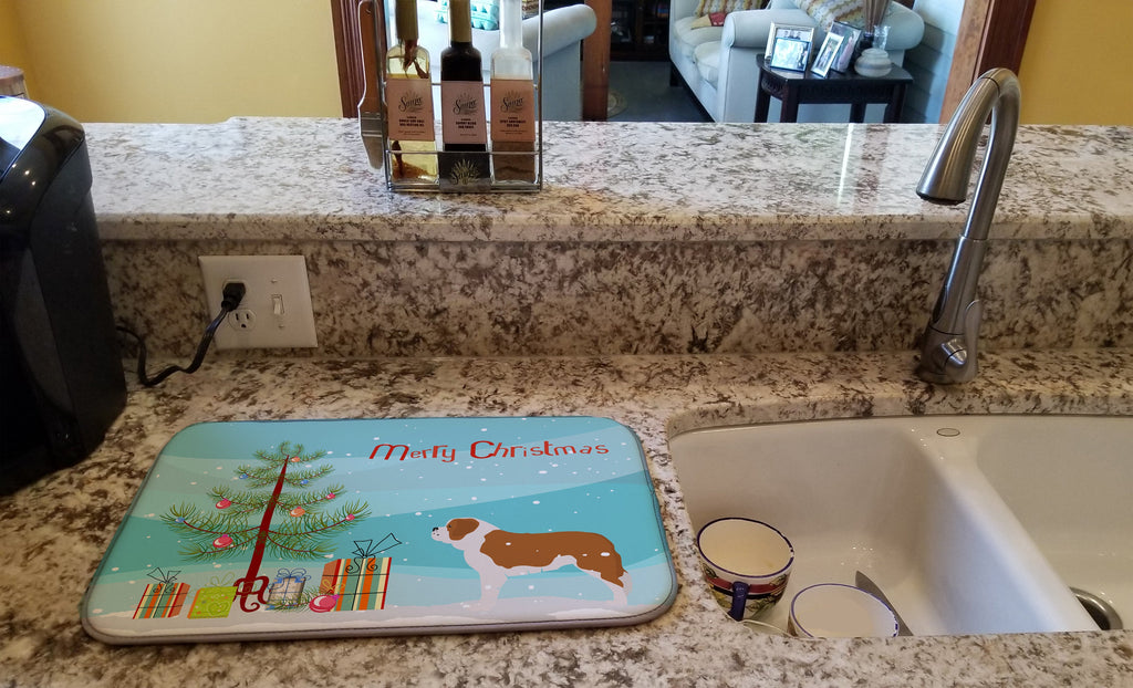 Saint Bernard Merry Christmas Tree Dish Drying Mat Absorbent Dish Drying Mat Pad for Kitchen Counter Dish Drainer Mat for Countertop, 14 x 21", Multicolor