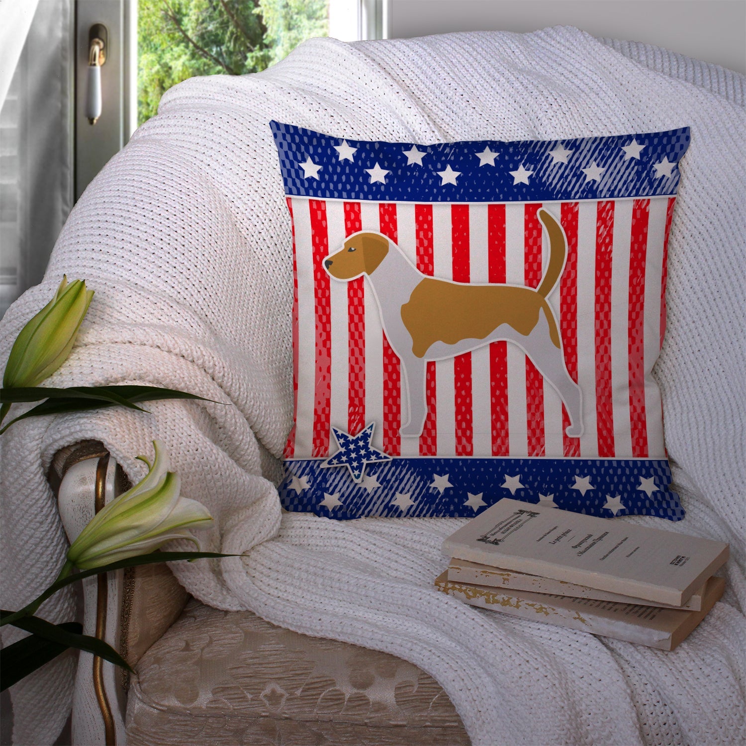 USA Patriotic American Foxhound Decorative Throw Pillow 14x14 Indoor Outdoor Accent Cushion, Fabric Cover with Insert for Sofa, Bed, Porch & Living Room