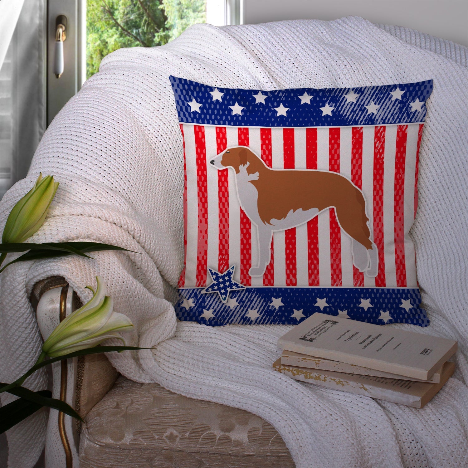 USA Patriotic Borzoi Russian Greyhound Decorative Throw Pillow 14x14 Indoor Outdoor Accent Cushion, Fabric Cover with Insert for Sofa, Bed, Porch & Living Room