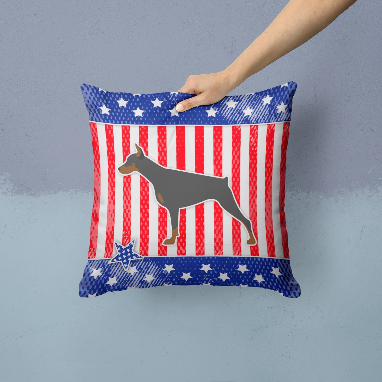 USA Patriotic Doberman Pinscher Decorative Throw Pillow 14x14 Indoor Outdoor Accent Cushion, Fabric Cover with Insert for Sofa, Bed, Porch & Living Room