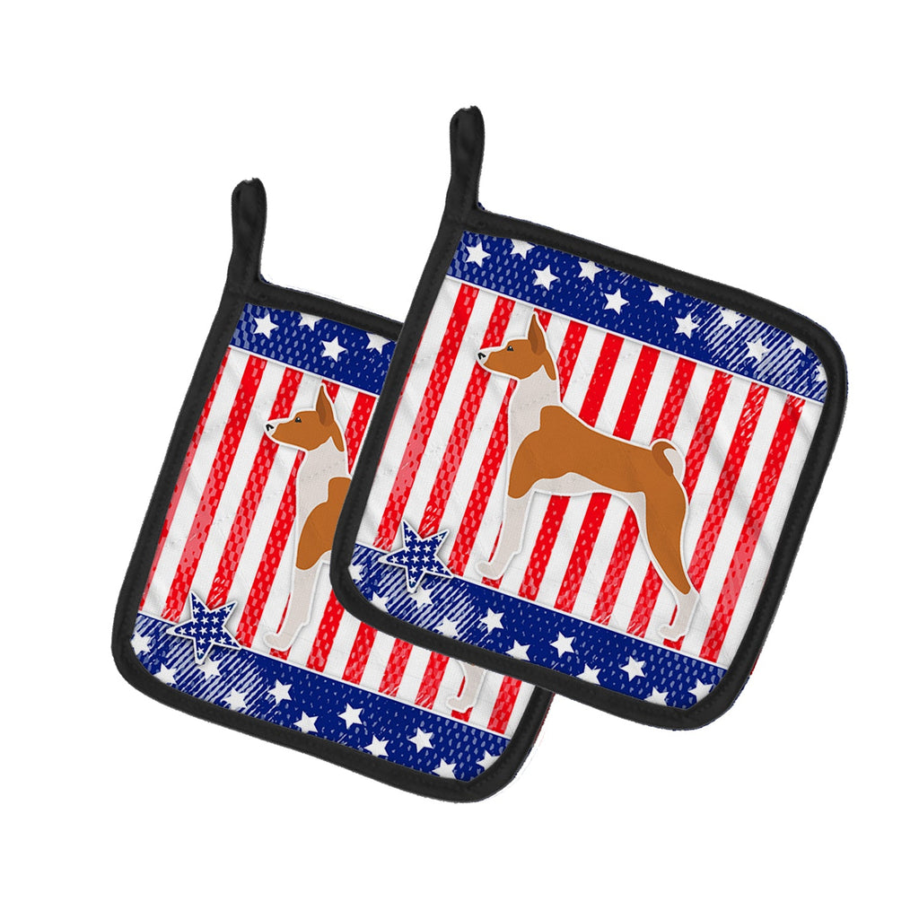 USA Patriotic Basenji Pot Holder Set of 2 Heat Resistant Quilted Hot Pads 7.5 x 7.5 Inch, Insulated Kitchen Trivets for Cooking & Baking