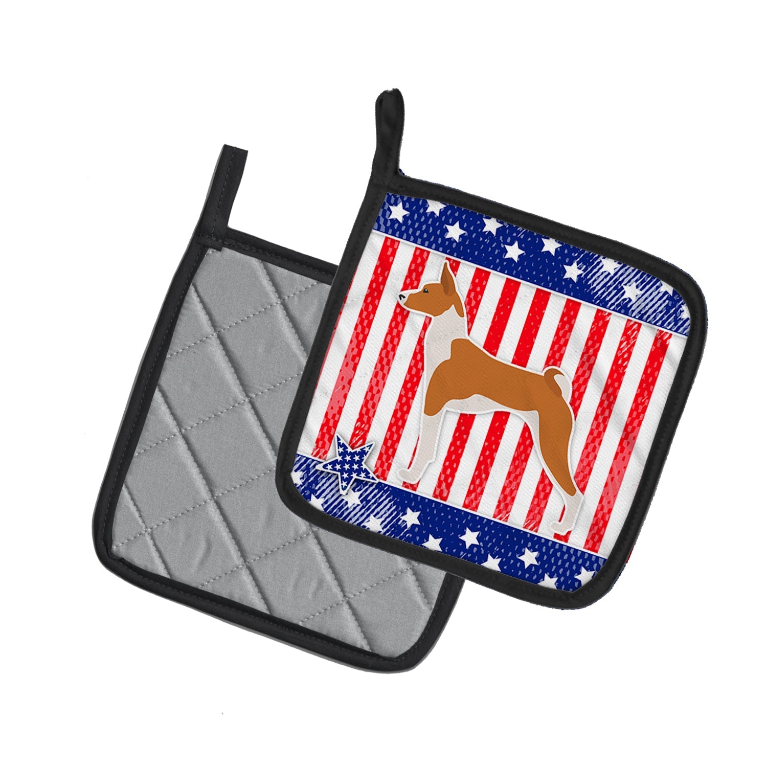 USA Patriotic Basenji Pot Holder Set of 2 Heat Resistant Quilted Hot Pads 7.5 x 7.5 Inch, Insulated Kitchen Trivets for Cooking & Baking