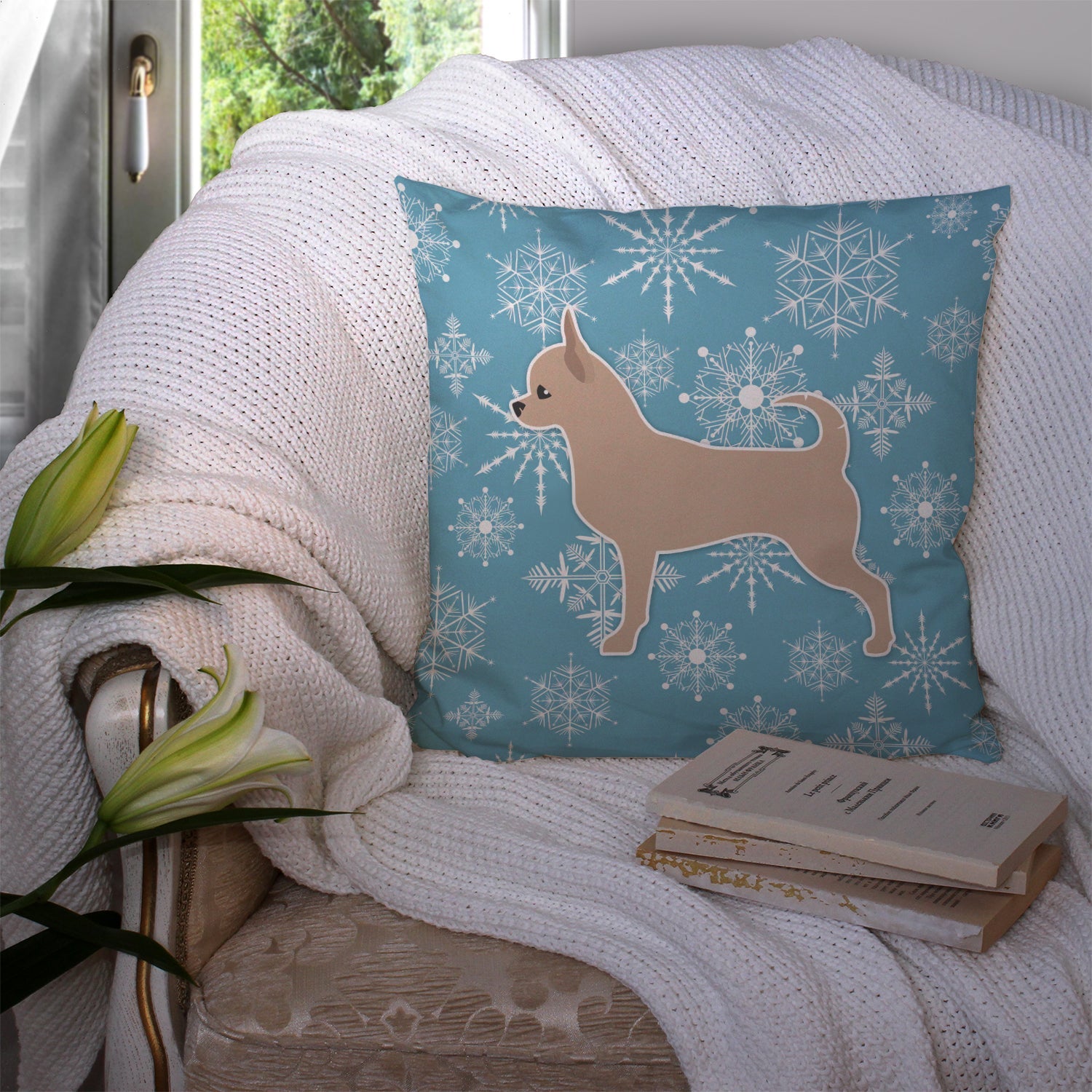 Winter Snowflake Chihuahua Decorative Throw Pillow 14x14 Indoor Outdoor Accent Cushion, Fabric Cover with Insert for Sofa, Bed, Porch & Living Room