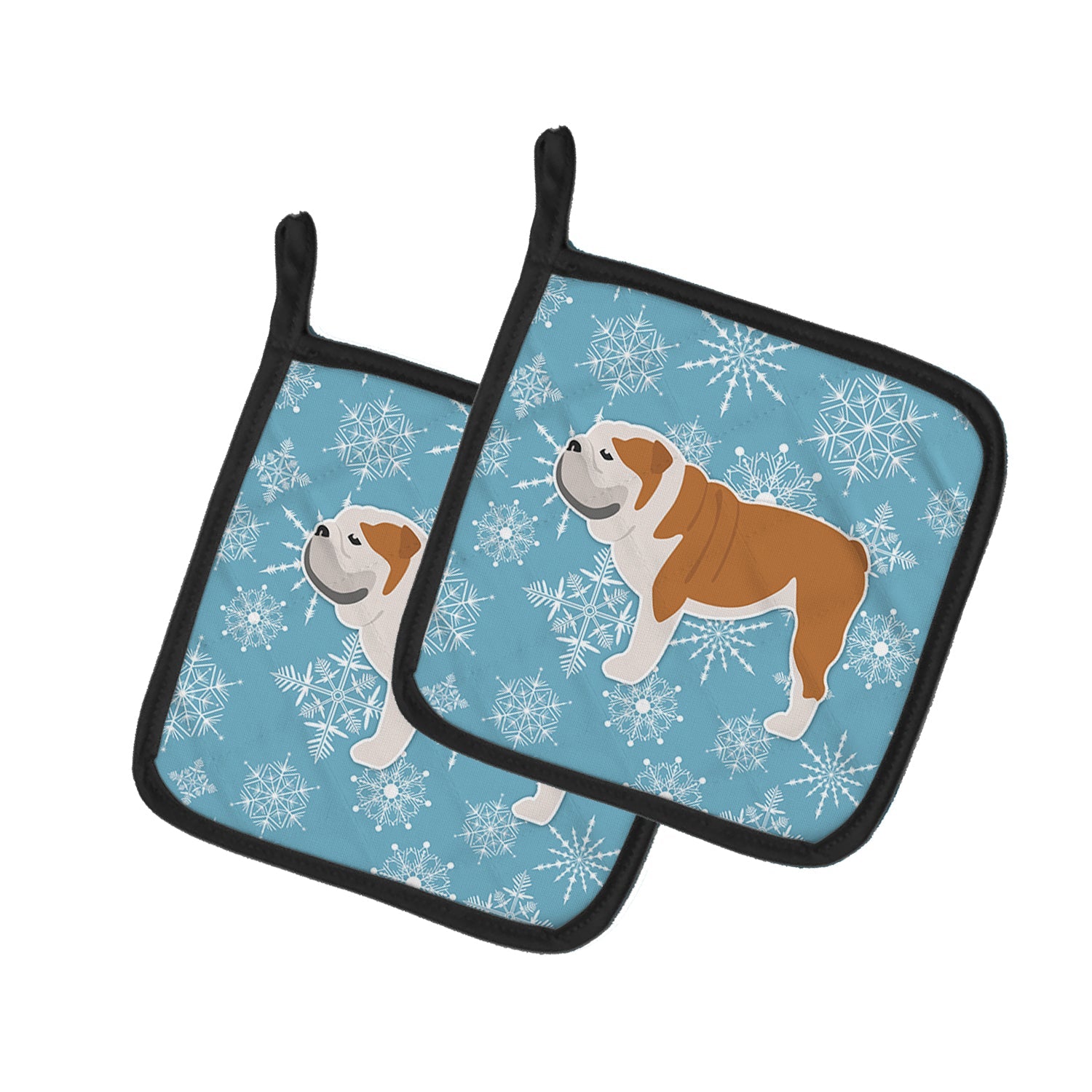 Winter Snowflake English Bulldog Pot Holder Set of 2 Heat Resistant Quilted Hot Pads 7.5 x 7.5 Inch, Insulated Kitchen Trivets for Cooking & Baking
