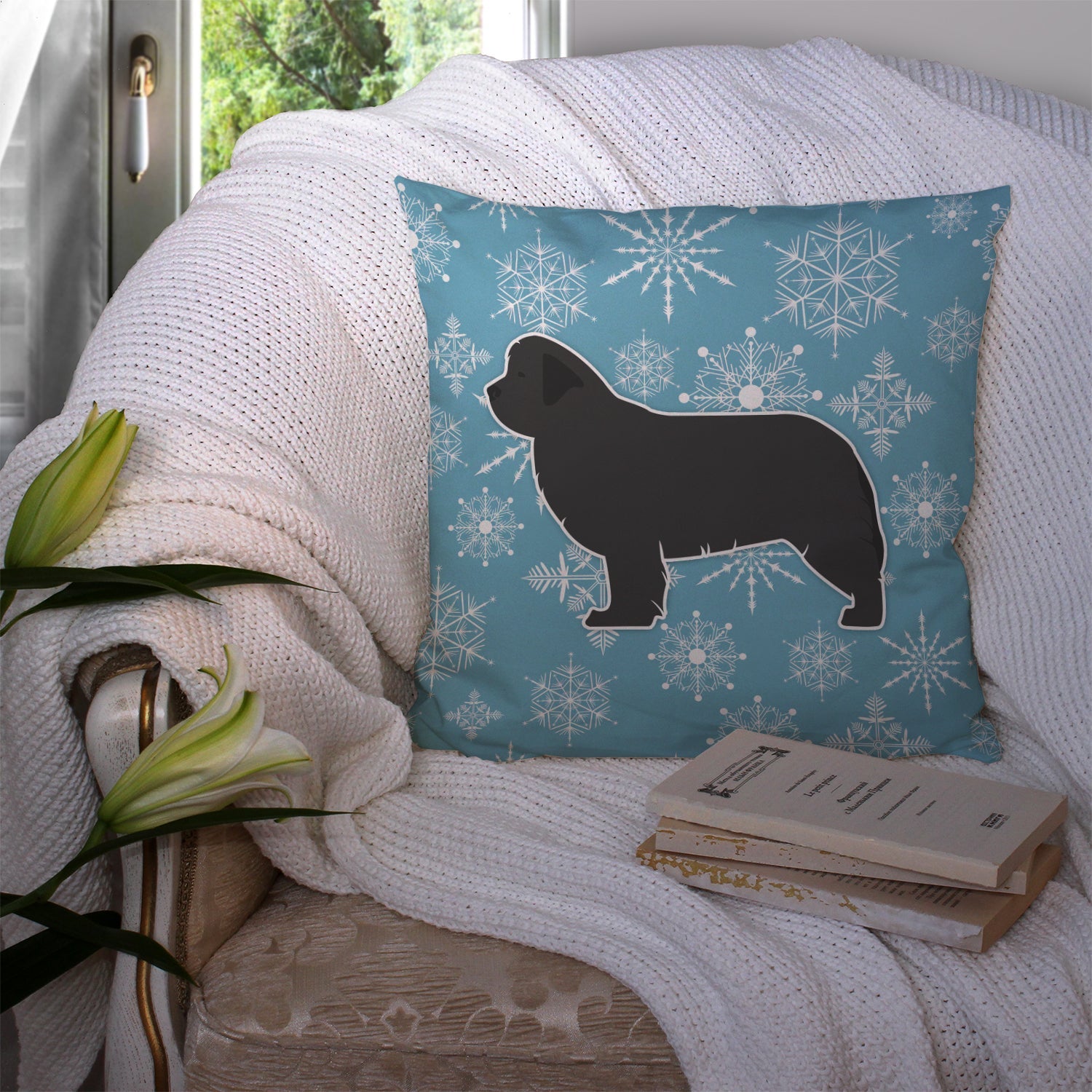 Winter Snowflake Newfoundland Decorative Throw Pillow 14x14 Indoor Outdoor Accent Cushion, Fabric Cover with Insert for Sofa, Bed, Porch & Living Room
