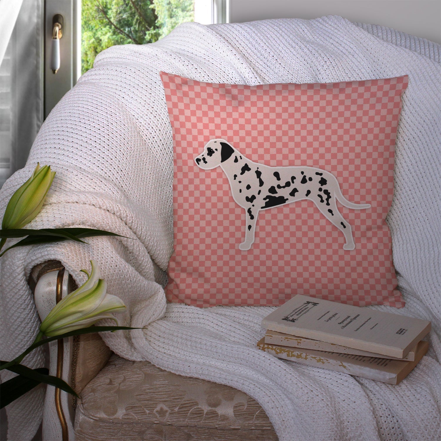 Dalmatian Checkerboard Pink Decorative Throw Pillow 14x14 Indoor Outdoor Accent Cushion, Fabric Cover with Insert for Sofa, Bed, Porch & Living Room