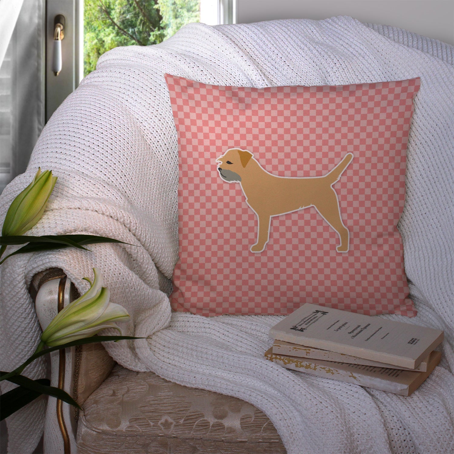 Border Terrier Checkerboard Pink Decorative Throw Pillow 14x14 Indoor Outdoor Accent Cushion, Fabric Cover with Insert for Sofa, Bed, Porch & Living Room
