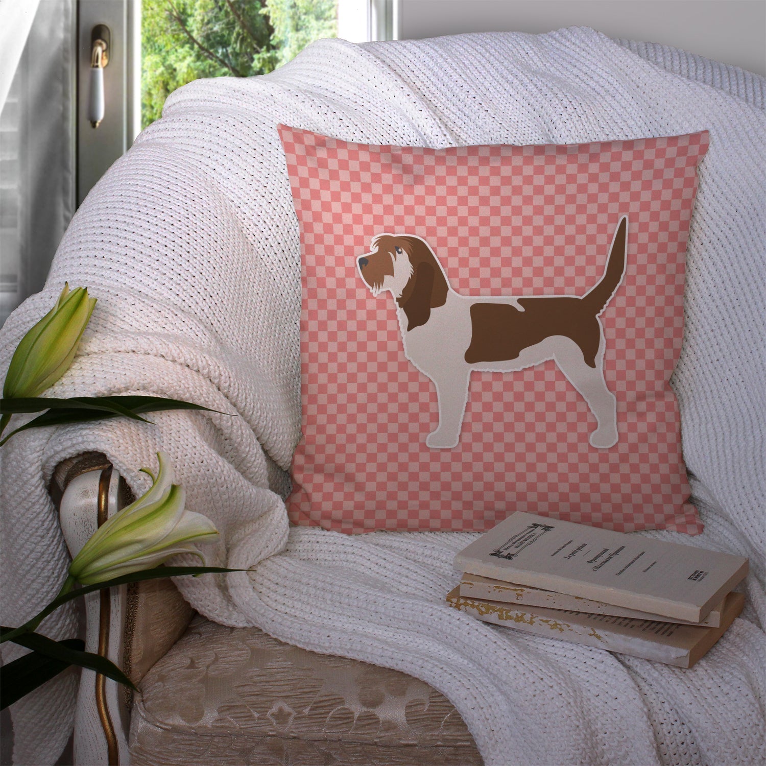 Grand Basset Griffon Vendeen Checkerboard Pink Decorative Throw Pillow 14x14 Indoor Outdoor Accent Cushion, Fabric Cover with Insert for Sofa, Bed, Porch & Living Room
