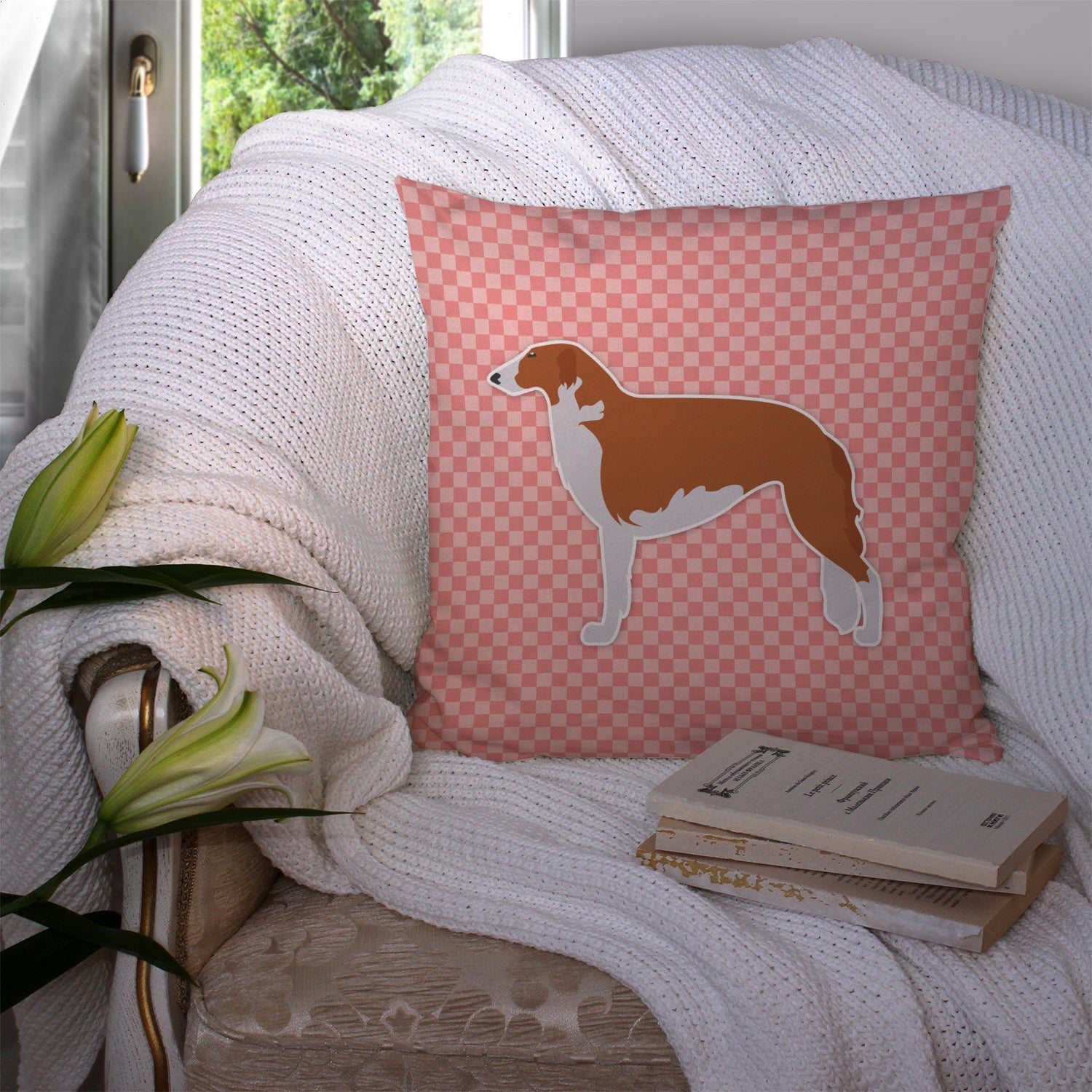Borzoi Russian Greyhound Checkerboard Pink Decorative Throw Pillow 14x14 Indoor Outdoor Accent Cushion, Fabric Cover with Insert for Sofa, Bed, Porch & Living Room
