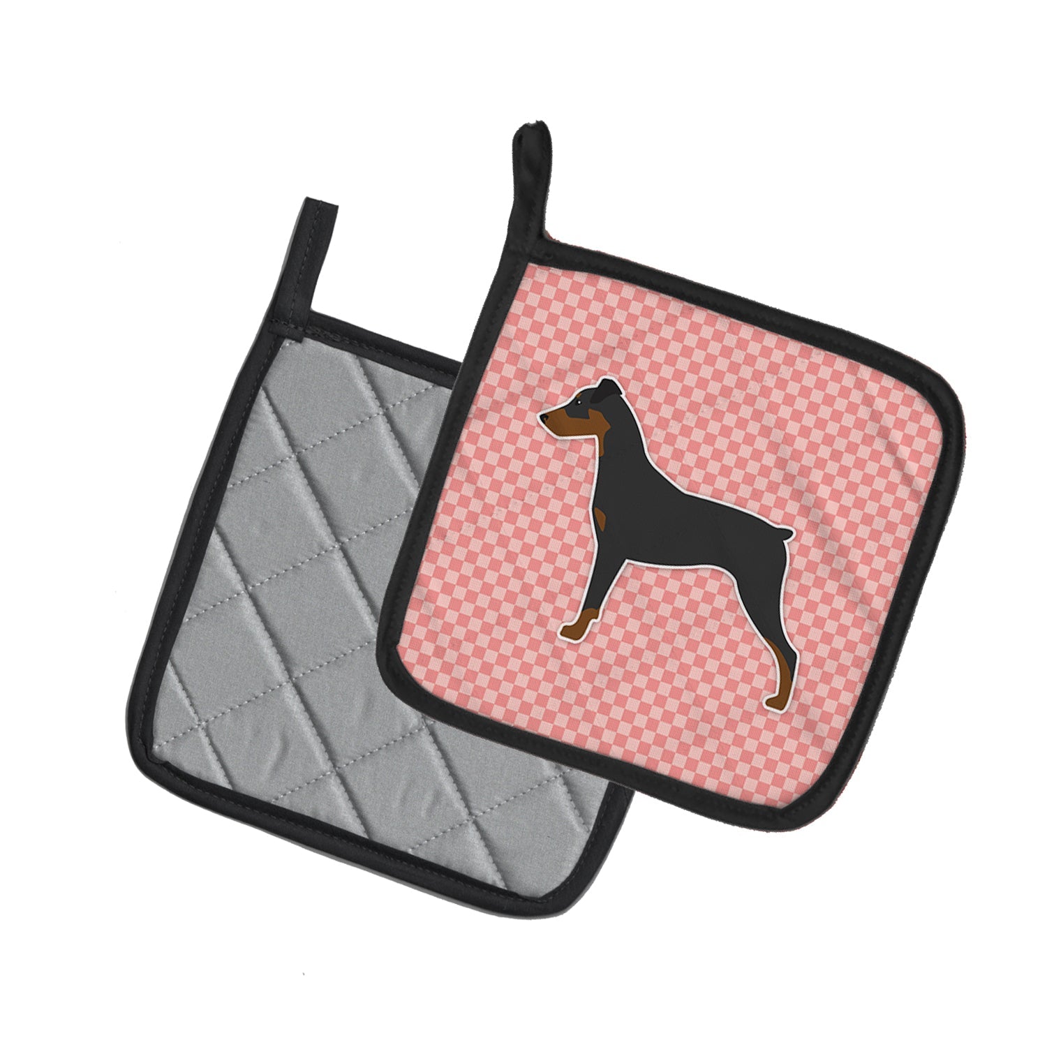 German Pinscher Checkerboard Pink Pot Holder Set of 2 Heat Resistant Quilted Hot Pads 7.5 x 7.5 Inch, Insulated Kitchen Trivets for Cooking & Baking