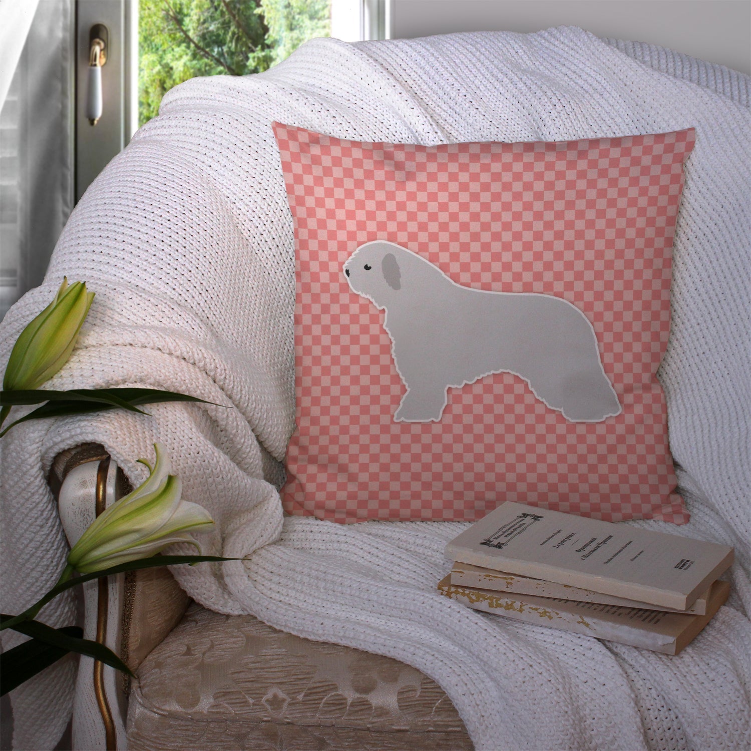 Spanish Water Dog Checkerboard Pink Decorative Throw Pillow 14x14 Indoor Outdoor Accent Cushion, Fabric Cover with Insert for Sofa, Bed, Porch & Living Room