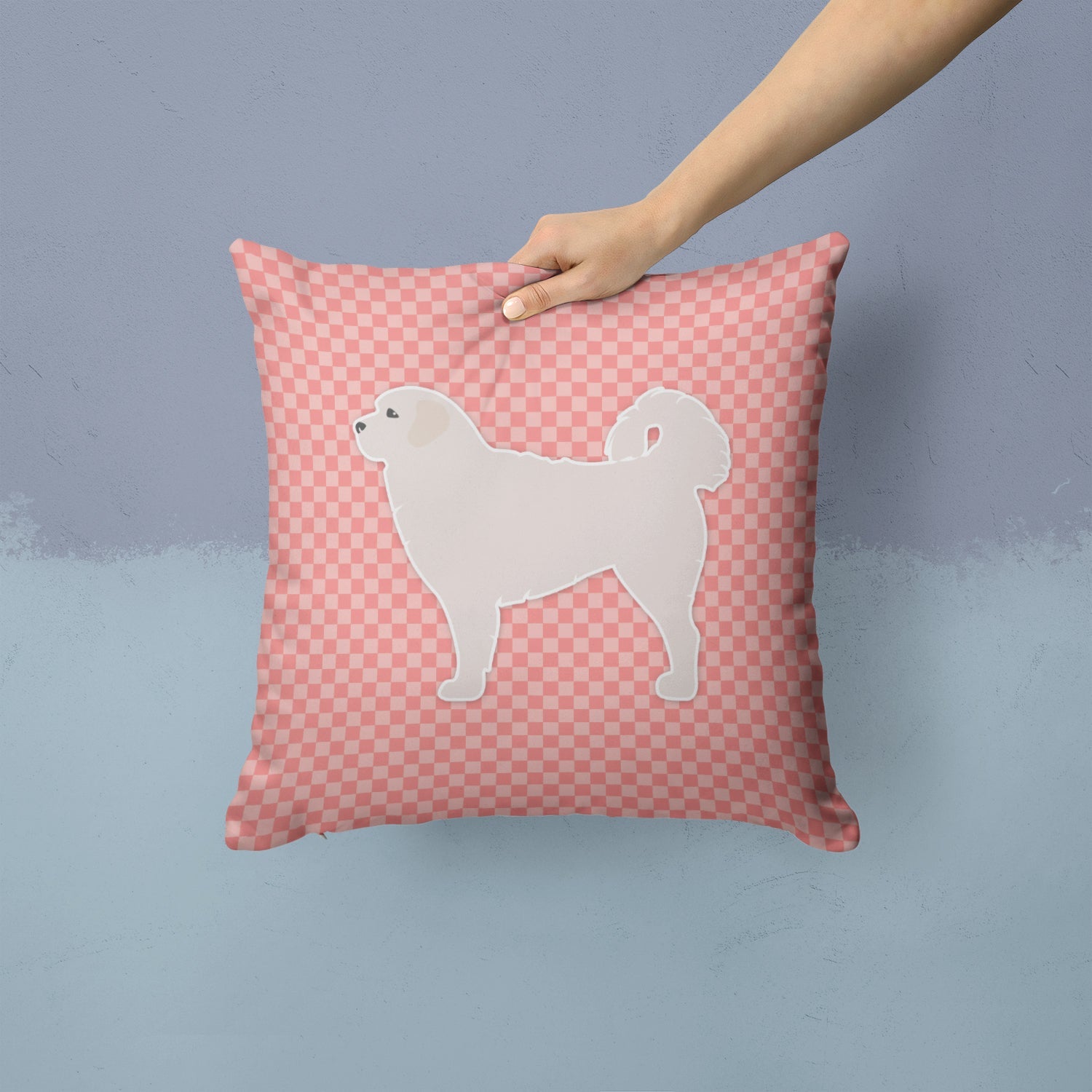 Polish Tatra Sheepdog Checkerboard Pink Decorative Throw Pillow 14x14 Indoor Outdoor Accent Cushion, Fabric Cover with Insert for Sofa, Bed, Porch & Living Room