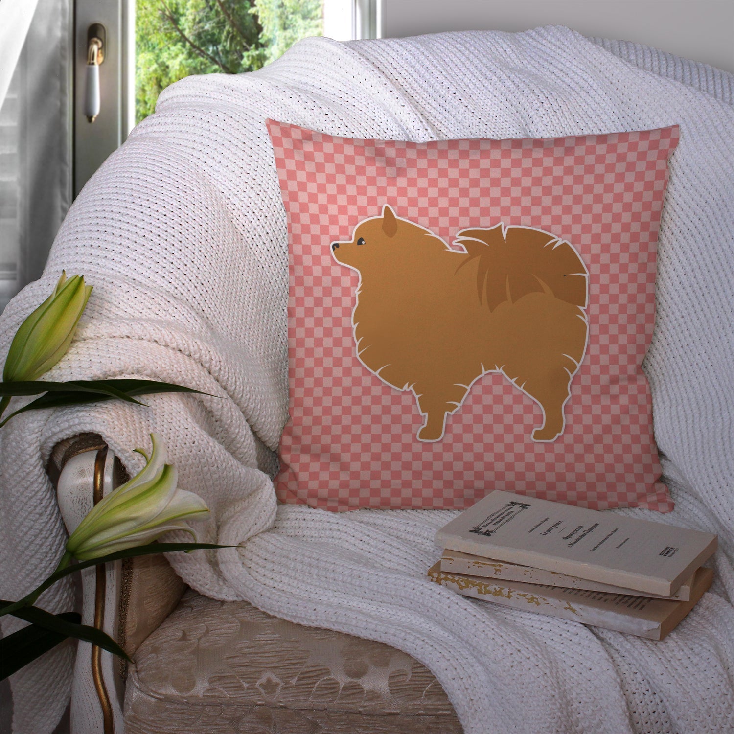 Pomeranian Checkerboard Pink Decorative Throw Pillow 14x14 Indoor Outdoor Accent Cushion, Fabric Cover with Insert for Sofa, Bed, Porch & Living Room