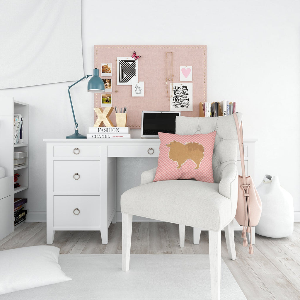 Pomeranian Checkerboard Pink Decorative Throw Pillow 14x14 Indoor Outdoor Accent Cushion, Fabric Cover with Insert for Sofa, Bed, Porch & Living Room