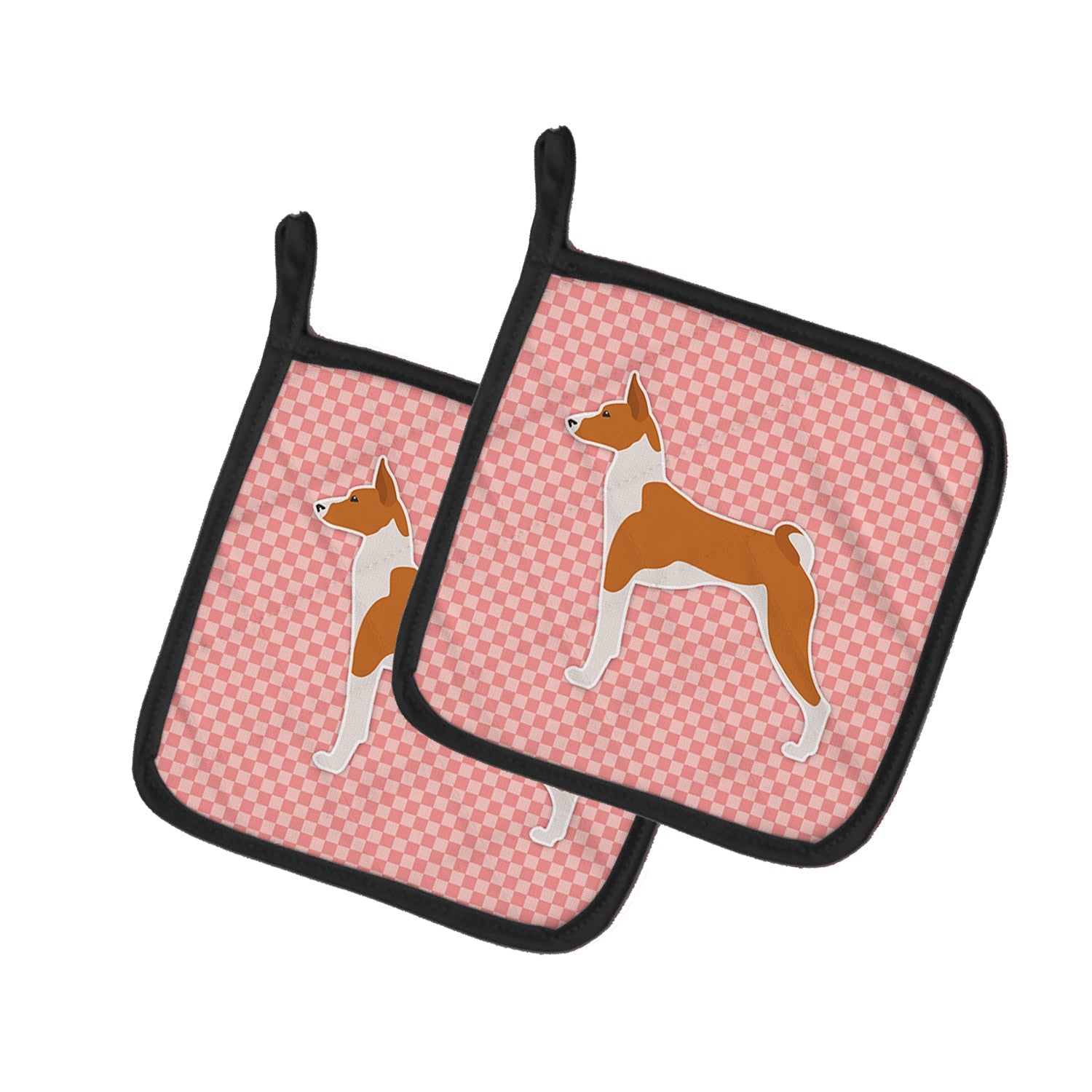 Basenji Checkerboard Pink Pot Holder Set of 2 Heat Resistant Quilted Hot Pads 7.5 x 7.5 Inch, Insulated Kitchen Trivets for Cooking & Baking