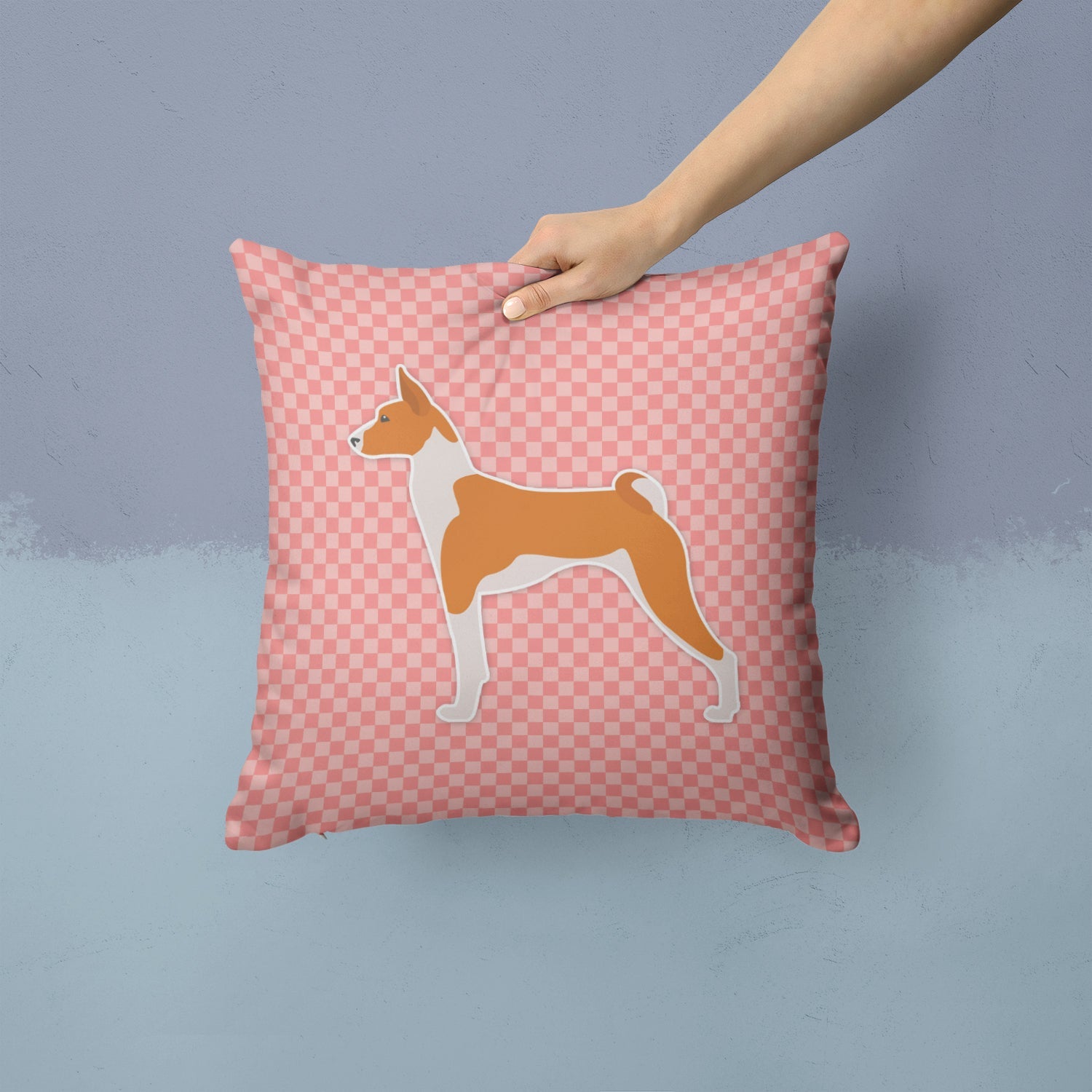 Basenji Checkerboard Pink Decorative Throw Pillow 14x14 Indoor Outdoor Accent Cushion, Fabric Cover with Insert for Sofa, Bed, Porch & Living Room