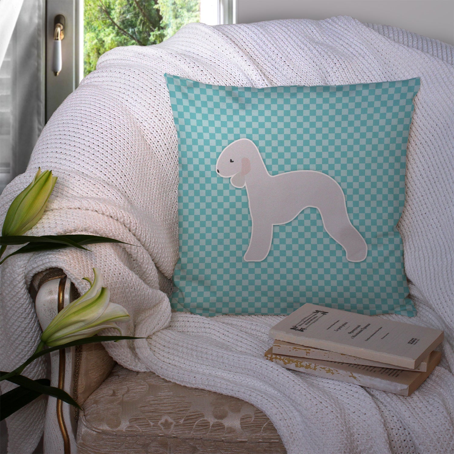 Bedlington Terrier  Checkerboard Blue Decorative Throw Pillow 14x14 Indoor Outdoor Accent Cushion, Fabric Cover with Insert for Sofa, Bed, Porch & Living Room