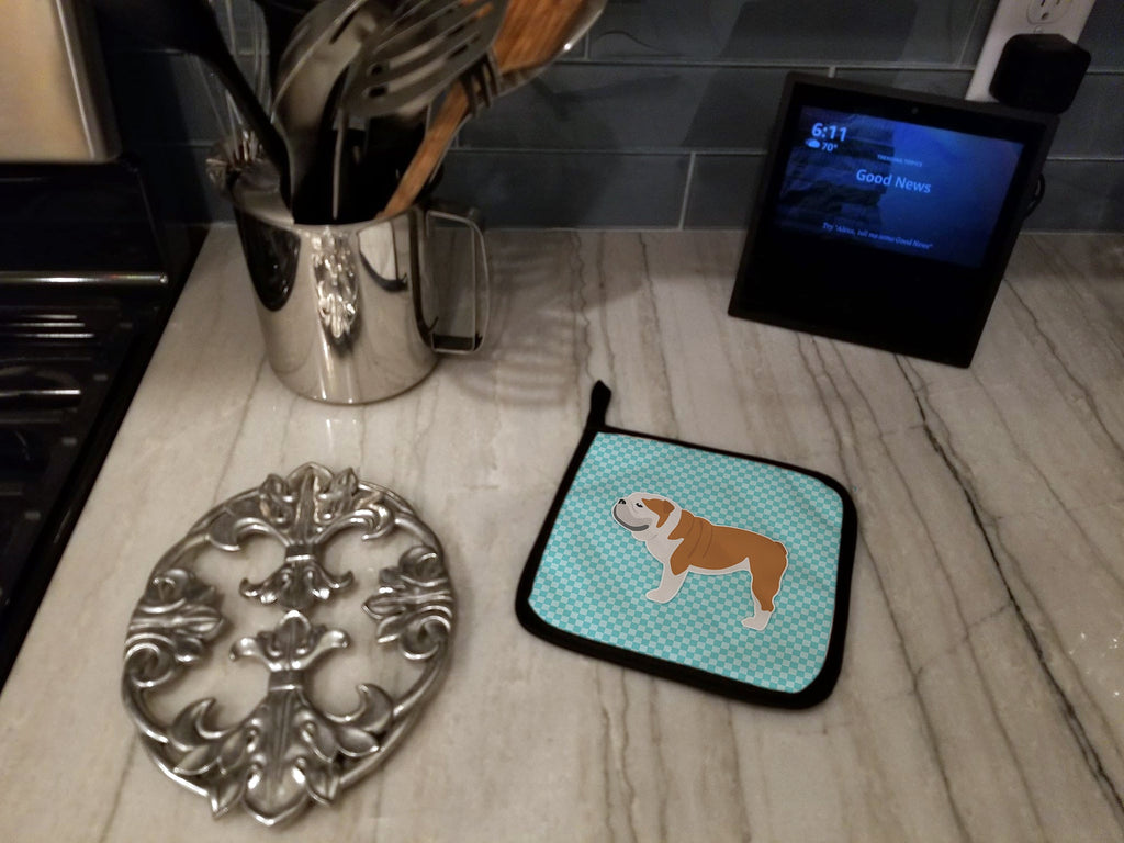 English Bulldog Checkerboard Blue Pot Holder Set of 2 Heat Resistant Quilted Hot Pads 7.5 x 7.5 Inch, Insulated Kitchen Trivets for Cooking & Baking